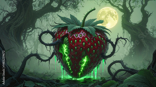 Glowing radioactive strawberry zombie fruit with green slime dripping in haunted forest under full moon with creepy trees and vines at night, halloween theme
