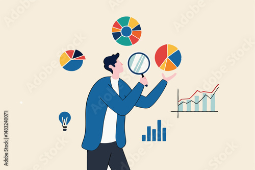 Data analysis chart and report, financial research or analyze information for marketing insight, analytics or optimization diagram, smart information, businessman analyze data with magnifying glass.