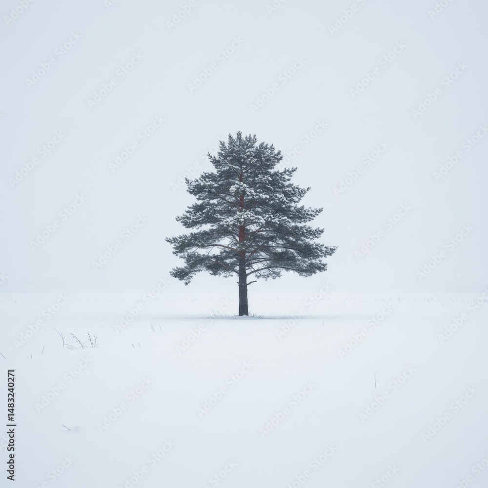 Fototapeta premium Solitary Pine Tree in Snowy Winter Landscape