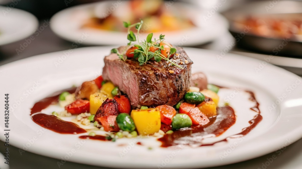 Exquisite filet mignon presentation on a bed of vibrant roasted vegetables Exquisite filet mignon presentation on a bed of vibrant roasted vegetables