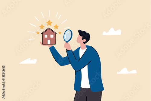 Property appraisal or price evaluation, housing assessment for market value, residential sale, rating or real estate review concept, businessman appraiser magnifier review property with star rating.