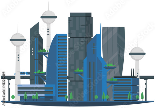 Future city skyline panorama 3D scene. Futuristic cityscape creative concept illustration: skyscrapers, towers, tall buildings, flying vehicles. Panoramic urban view of megapolis town, sky background
