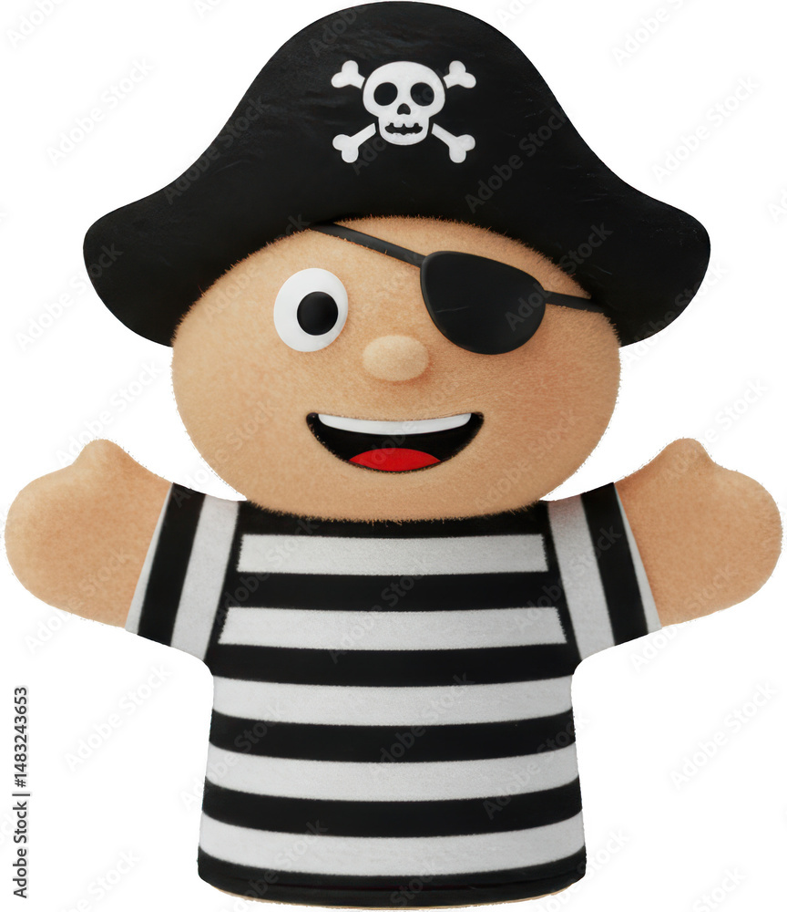 Fototapeta premium Adorable Pirate Puppet 3D Render of a Smiling Child Pirate with Eye Patch and Striped Shirt