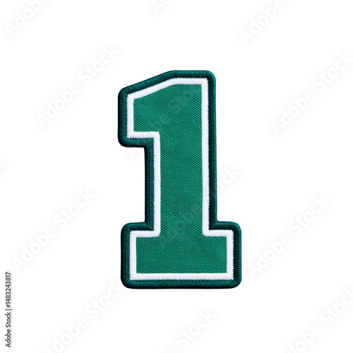 Green embroidered patch of number one with white and black borders, isolated on transparency background