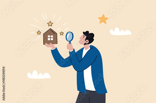 Property appraisal or price evaluation, housing assessment for market value, residential sale, rating or real estate review concept, businessman appraiser magnifier review property with star rating.