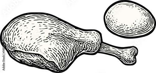 A black-and-white hand-drawn illustration of a chicken drumstick paired with an egg, representing rustic poultry farming, traditional food preparation, and natural farm produce