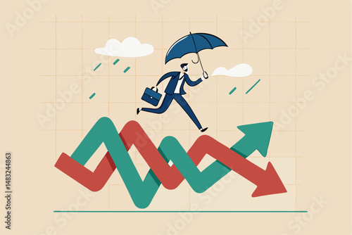 Survive and thrive in stock market volatility investment, risk management or overcome market fluctuation, uncertainty or financial challenge concept, businessman with umbrella run on volatile graph.