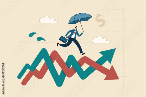 Survive and thrive in stock market volatility investment, risk management or overcome market fluctuation, uncertainty or financial challenge concept, businessman with umbrella run on volatile graph.