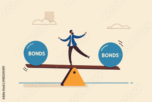 Stocks vs bonds in investment asset allocation, risk assessment portfolio or expected return in long term mutual funds, pension fund concept, businessman investor balance on stocks and bonds seesaw.