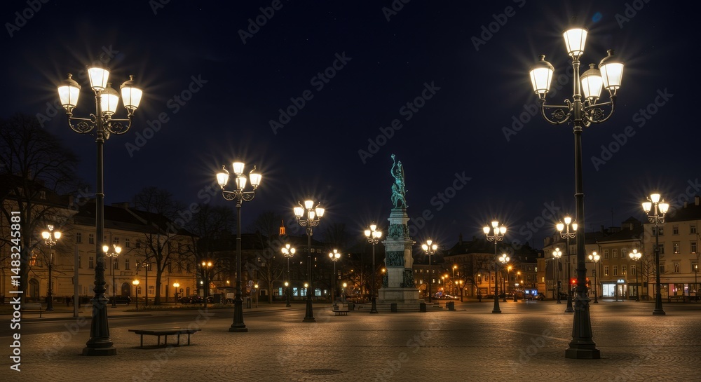 Fototapeta premium Night Scene in European City Square - Tranquil night scene of a European city square illuminated by ornate lampposts, featuring a statue in the center