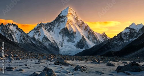 Static wide shot: Majestic snow-capped mountain peak at sunset in a vast, rocky valley.