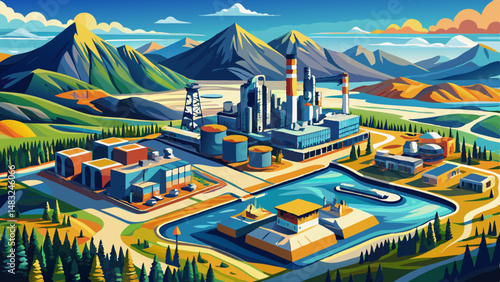 Aerial Panoramic Canadian Oil Refinery Athabasca river Alberta