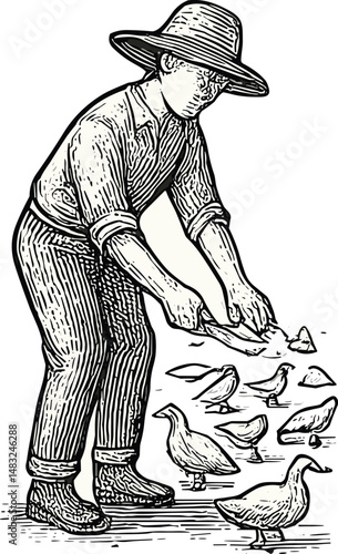 A black-and-white illustration of a duck farmer wearing a wide-brimmed hat, tending to ducks and fish by the water, capturing traditional rural life and aquaculture activities