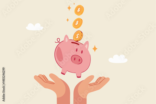 Frugality, savings for prosperity or financial success, building wealth or thrifty, budgeting or cut spending to save money for future concept, money dollar coins drop into hand holding piggy bank.