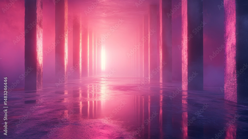 Fototapeta premium Pink futuristic corridor with reflection.