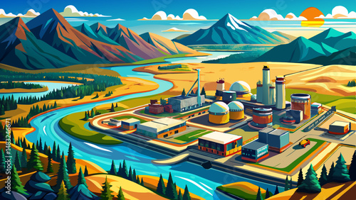 Aerial Panoramic Canadian Oil Refinery Athabasca river Alberta