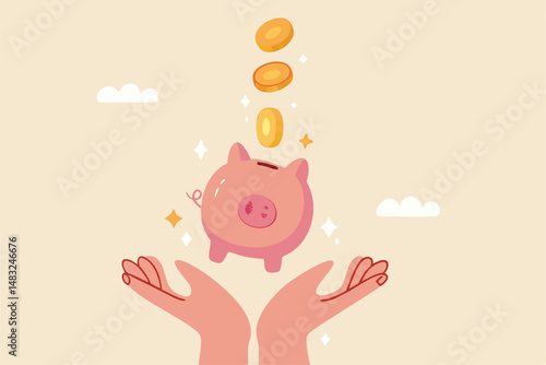 Frugality, savings for prosperity or financial success, building wealth or thrifty, budgeting or cut spending to save money for future concept, money dollar coins drop into hand holding piggy bank.