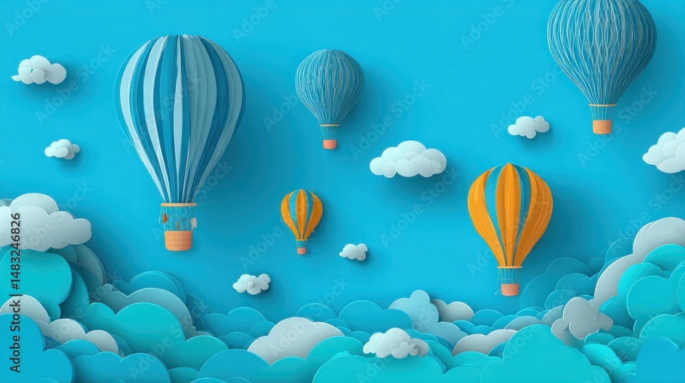 Naklejka premium Colorful hot air balloons floating above fluffy clouds