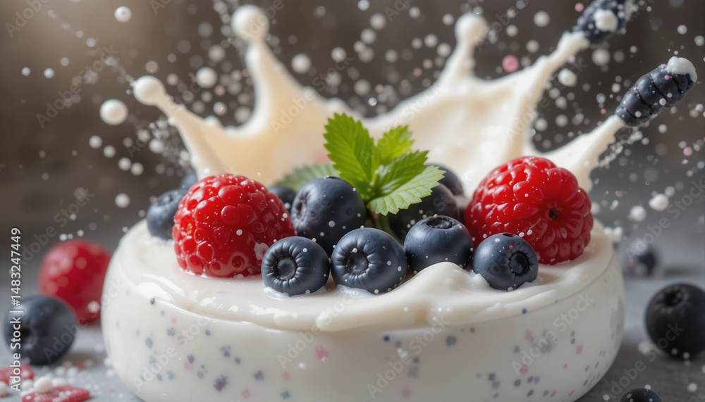 Berry Delight: A delectable swirl of berries, cream, and a crown of milk, creating a burst of flavor, photographed to capture the perfect moment of freshness. Berry Delight: A delectable swirl of berries, cream, and a crown of milk, creating a burst of flavor, photographed to capture the perfect moment of freshness.