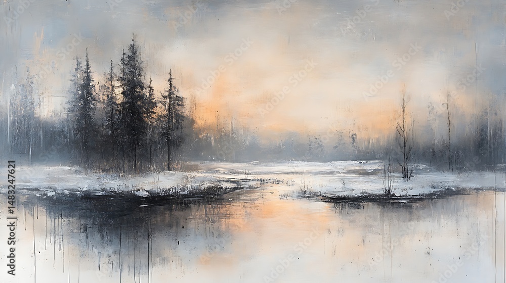 Fototapeta premium Misty winter landscape with trees reflecting on water; artwork for home decor