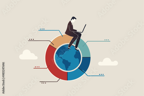 Global portfolio asset allocation, world stock market investment, international market share pie chart, financial or world economic concept, businessman work with computer laptop on world pie chart.