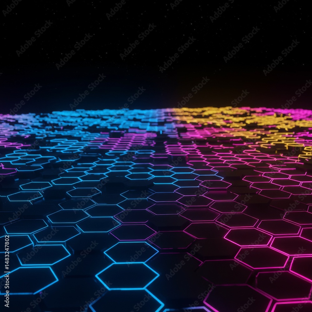 Obraz premium Glowing Neon Hexagon Pattern on Dark Background