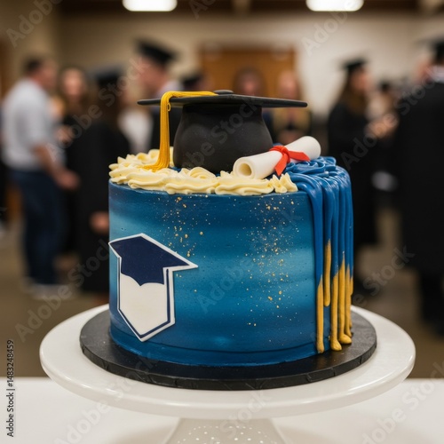 Blue Graduation Cake with Gold Accents