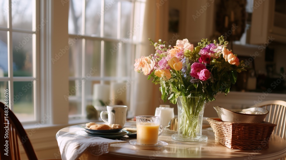 Bright morning brunch with flowers, fruit juice, and pastries in a cozy kitchen setting near the window
