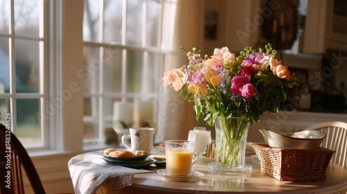 Obraz na płótnie Bright morning brunch with flowers, fruit juice, and pastries in a cozy kitchen setting near the window w salonie