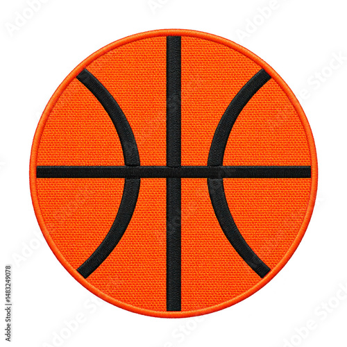 Orange basketball patch with black lines, resembling basketball design, is shown. patch has textured fabric surface and circular shape, ideal for clothing or accessories