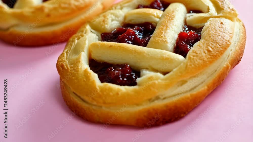 Close-up of two freshly baked sweet pastries, filled with a red berry jam and a decorative pastry lattice on a solid pink background Close-up of two freshly baked sweet pastries, filled with a red berry jam and a decorative pastry lattice on a solid pink background