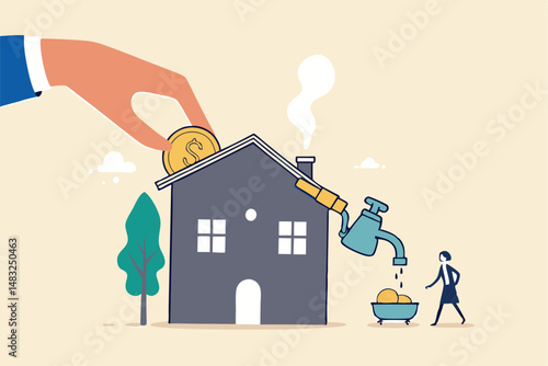 Property or real estate investment, buy a house for rental profit, ROI, return on investment or mortgage, house ownership or investing opportunity concept, businessman hand put coin with money return.