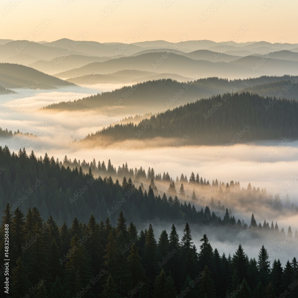 Obraz premium Misty Mountain Sunrise Landscape with Golden Light