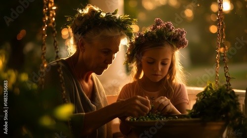 Obraz na płótnie Elderly woman and girl weave nature crafts together during golden hour in a serene garden setting w salonie