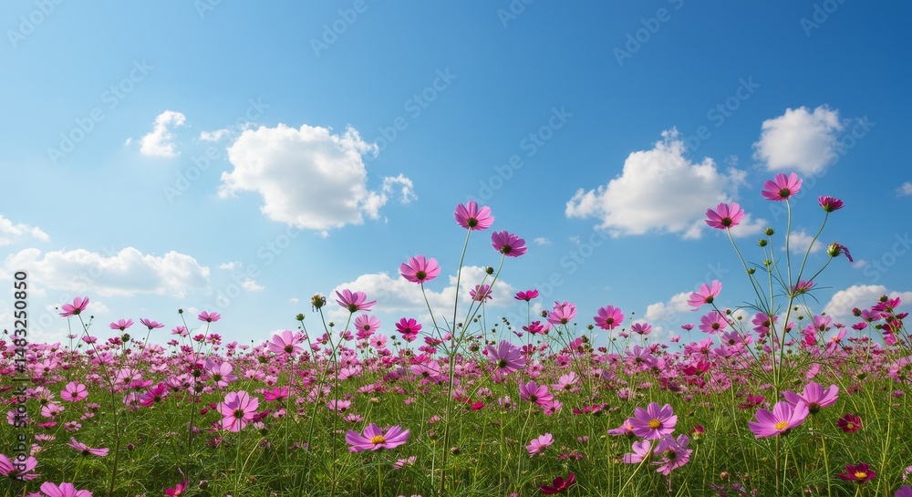 Pink Cosmos Field Under Blue Sky - Serene pink cosmos flowers sway gently under a vibrant blue sky dotted with fluffy white clouds. Symbolizing peace, beauty, nature, hope, and new beginnings Pink Cosmos Field Under Blue Sky - Serene pink cosmos flowers sway gently under a vibrant blue sky dotted with fluffy white clouds. Symbolizing peace, beauty, nature, hope, and new beginnings