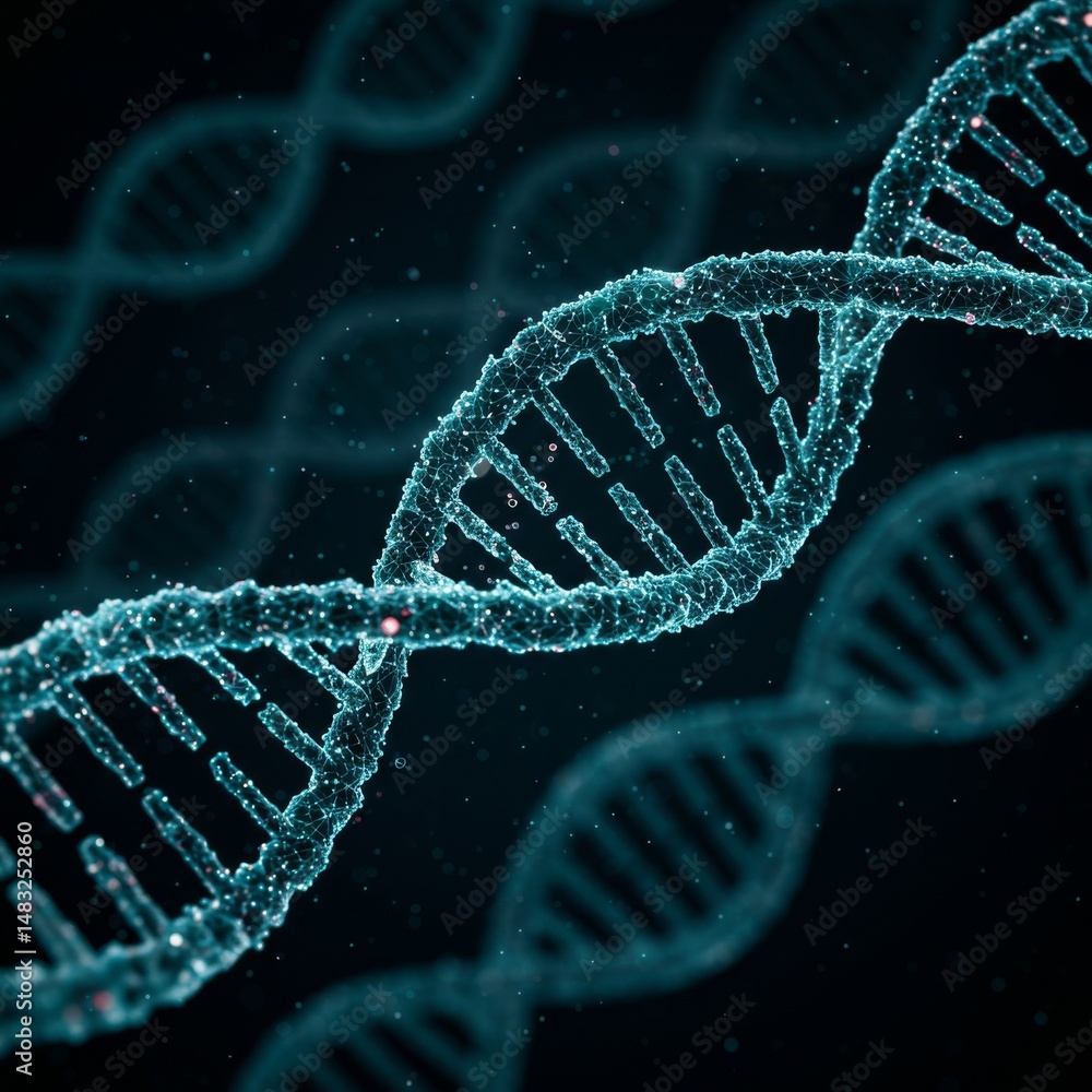 Glowing Cyan DNA Helix in Dark Background Glowing Cyan DNA Helix in Dark Background