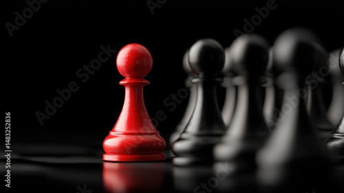 Red pawn standing out amidst black pawns
