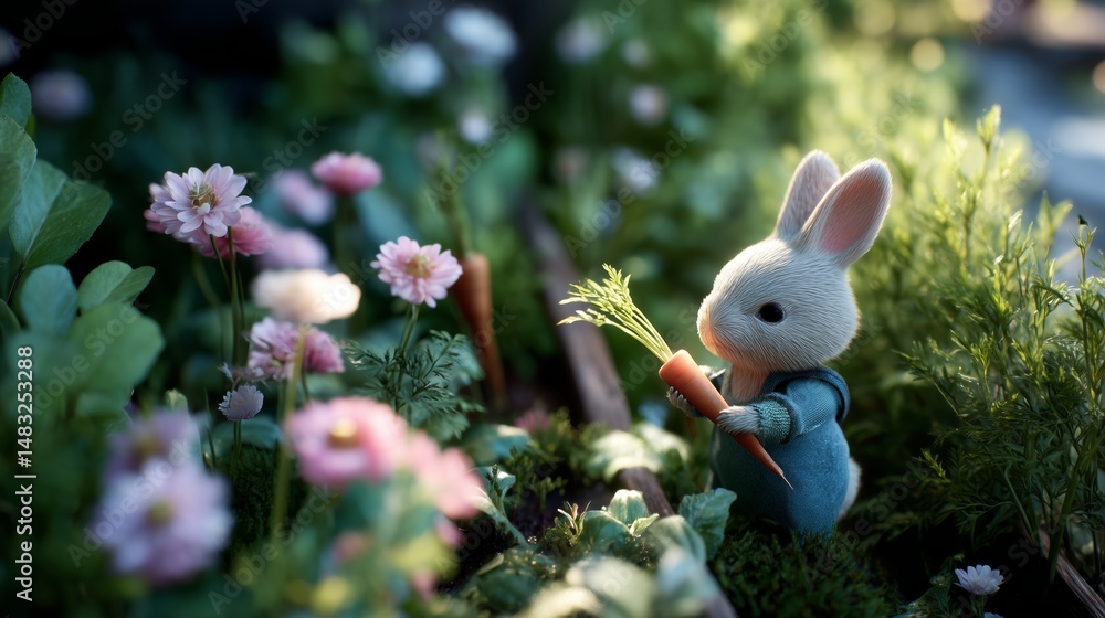 Cute rabbit with a carrot among colorful flowers in a vibrant garden at sunrise