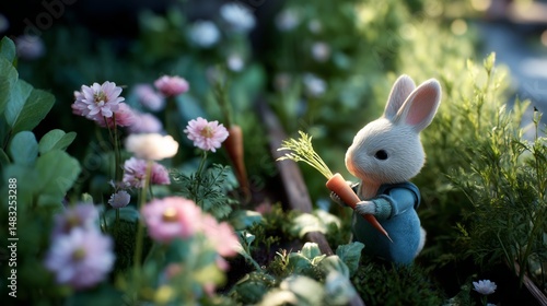 Obraz na płótnie Cute rabbit with a carrot among colorful flowers in a vibrant garden at sunrise w salonie