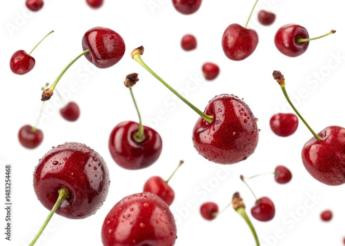 Cherries falling mid-air isolated on a transparent background.