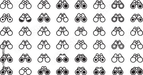 Stylized binoculars graphic with minimalist lines on a white backdrop, perfect for applications in navigation, scouting, and wildlife observation visuals.