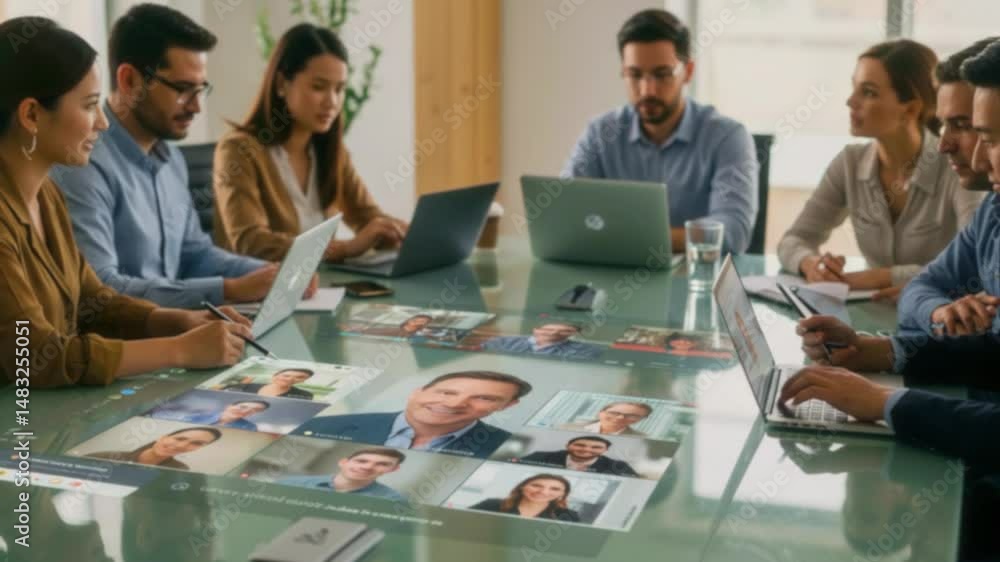 Team collaboration in a modern office setting with virtual participants displayed on a glass table Team collaboration in a modern office setting with virtual participants displayed on a glass table