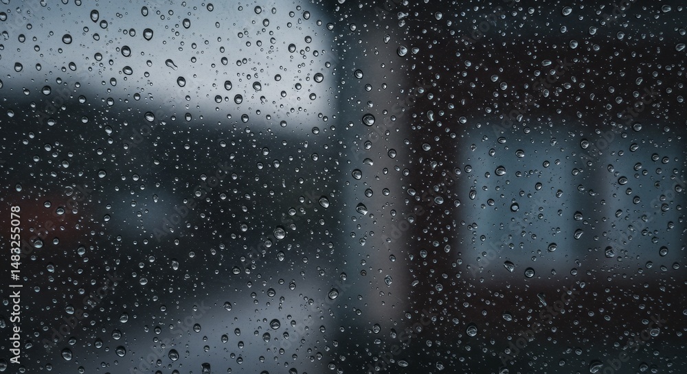 Obraz premium Rainy Day Window View - Raindrops on a windowpane, blurring the city view. Symbolizing reflection, isolation, contemplation, transition, and mystery