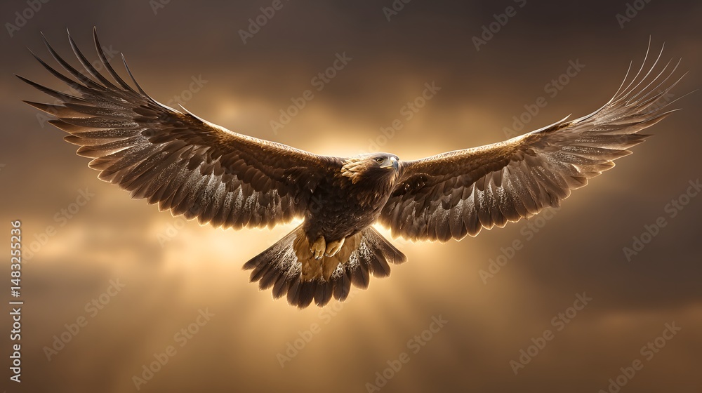 Naklejka premium Majestic Eagle Soaring Against Dramatic Sunset Sky with Outstretched Wings and Powerful Presence