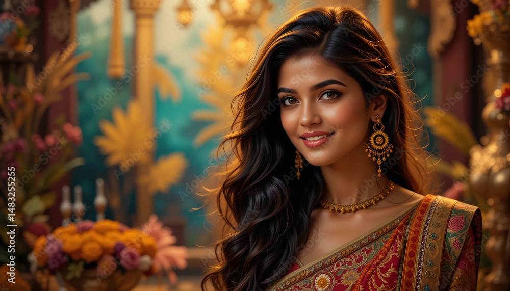 Enchanting Indian Beauty: A captivating woman with flowing dark hair and radiant skin, adorned in intricate gold jewelry and a vibrant saree. Enchanting Indian Beauty: A captivating woman with flowing dark hair and radiant skin, adorned in intricate gold jewelry and a vibrant saree.