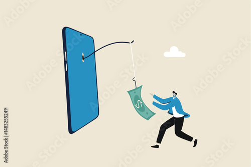 Mobile phone banking scam, fraud link to steal money, phishing bait website or online crime, thief steal money from mobile banking app concept, mobile smartphone with fishing bait scam money threat.