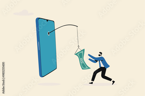 Mobile phone banking scam, fraud link to steal money, phishing bait website or online crime, thief steal money from mobile banking app concept, mobile smartphone with fishing bait scam money threat.