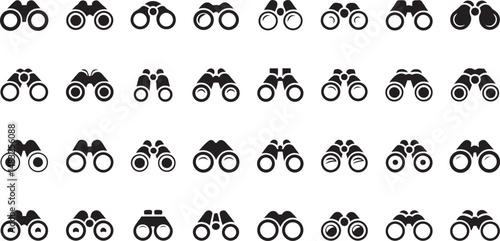 Stylized binoculars graphic with minimalist lines on a white backdrop, perfect for applications in navigation, scouting, and wildlife observation visuals.