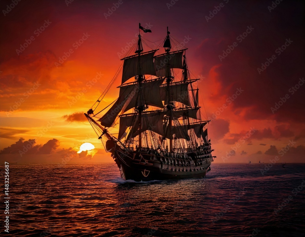 Fototapeta premium Sailing ship at sunset over the ocean with orange sky and silhouette