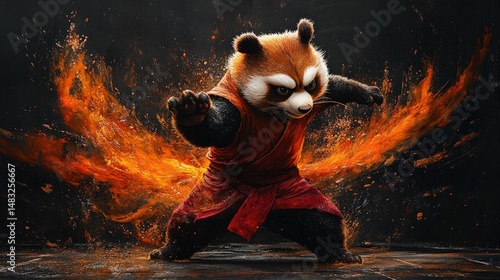 Fierce panda warrior in fighting stance, surrounded by fiery energy